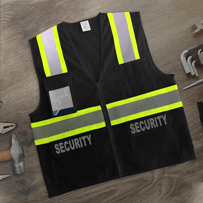 Security Vest for Security Guard, Hi Vis Mesh Vest with Pockets, High Visibility Safety Vest with Reflective Strips, ANSI Compliant, Black, M