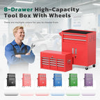 Greenvelly 8-Drawer Rolling Tool Chest, Metal Tool Chest with Wheels, Tool Cabinet with Detachable Top Tool Box, Metal Tool Cart with Liner & Hooks for Garage, Workshop, Warehouse (Red)