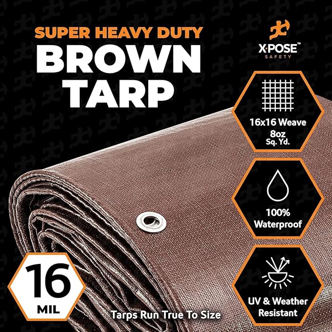 Super Heavy Duty Brown Poly Tarp 24' x 36' - Bulk Half Pallet (12 Pack) Thick Waterproof, UV Blocking Protective Cover - 16 Mil Thick Polyethylene - by Xpose Safety
