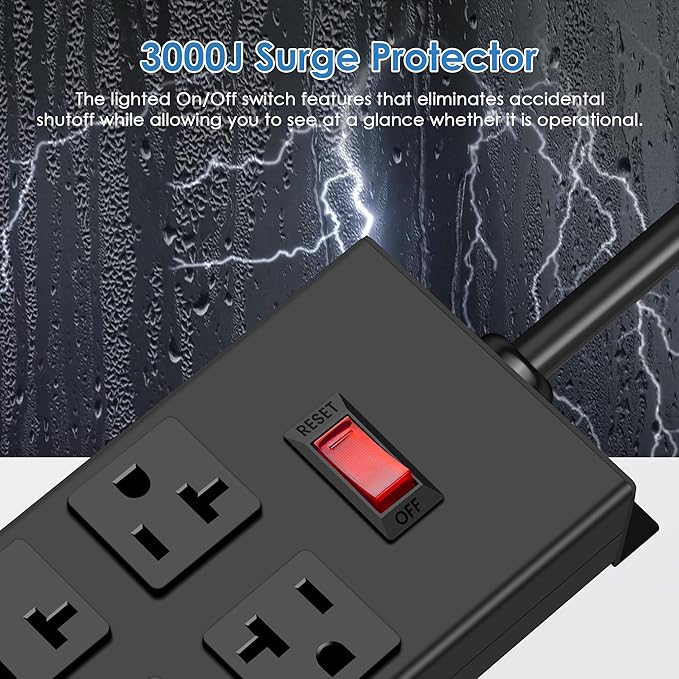 JUNNUJ 20 Amp Power Strip Heavy Duty 2 Pack, Garage 6 Outlets Metal 12 Gauge Surge Protector 3000J, High Amp 5-15P Adapter Shop 6-20R T-Slot Industrial (6AC 2-Pack, 10FT)