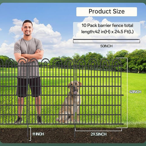 10 Panels Tall Garden Animal Barrier Fence with Gate, 42 in(H) X 24.5 ft(L) No Dig Decorative Garden Fence Outdoor for Yard, Heavy Duty Rustproof Metal Edging Border for Dog, Rabbits