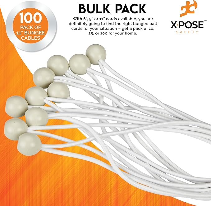 Xpose Safety Bungee Ball Cords 11" 100 Pack Heavy Duty White Stretch Rope with Ball Ties for Canopies, Tarps, Walls, Cable Organization