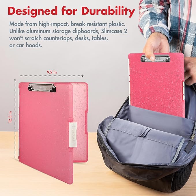 Dexas Slimcase 2 Plastic Clipboard with Storage Side Opening, Pink Glitter, Office Supplies Clipboards, Carry Store, A4 Holder, Style and Functionality Nursing Clipboards (Pack of 6)