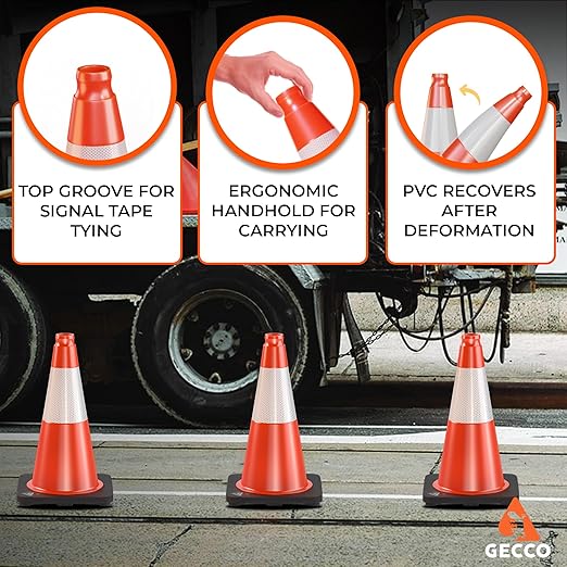 GECCO ™ (640 Cones per Pallet) 18 Inch 3.3 Lb Small Orange Traffic Cones in Bulk | Wholesale Safety Cones, Orange Cones, Parking Cones, Construction Cones | PVC Plastic & Black Base - [PRO Series]