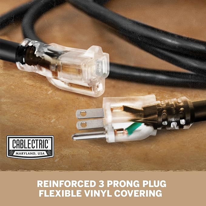 10 Ft Black Oil Resistant Extension Cord for Farms & Ranches - 12/3 SJTOW Heavy Duty 12 Gauge Outdoor Cable with 3 Prong Grounded Plug, 15 AMP