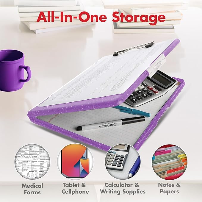 Dexas Slimcase 2 Plastic Clipboard with Storage and Side Opening, Purple Glitter, Office Supplies Clipboards to Organize, Carry and Store, A4 Holder, Style and Functionality Nursing Clipboard