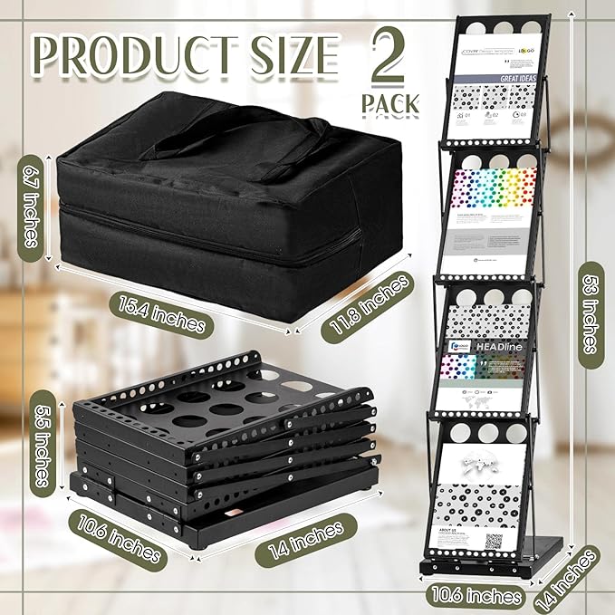 Tatuo 2 Pieces Foldable Magazine Rack Metal Catalog Literature Rack Portable 4 Pockets with Carrying Bag Brochure Stand Literature Display Holder Stand for Exhibition Trade Show