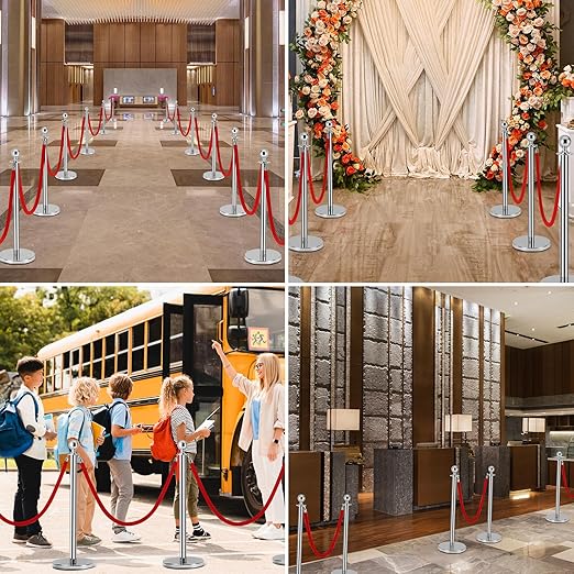 4 PCS Stainless Steel Stanchion Post,5Ft Red Velvet Rope, Hollow Base and Velvet Ropes Safety Barriers Set, Poles Crowd Control Barriers for Red Carpet Themed Decoration