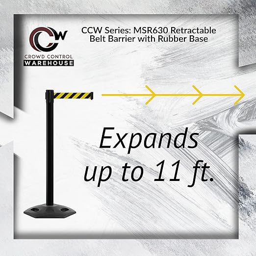 CCW Series WBB-200 Set of 2 Outdoor Safety Rubber Base Stanchion Retractable Belt Barriers - Easy to Assemble, No Tools Required (11 Foot Belt, Red and White Diagonal Belt with Yellow Post)