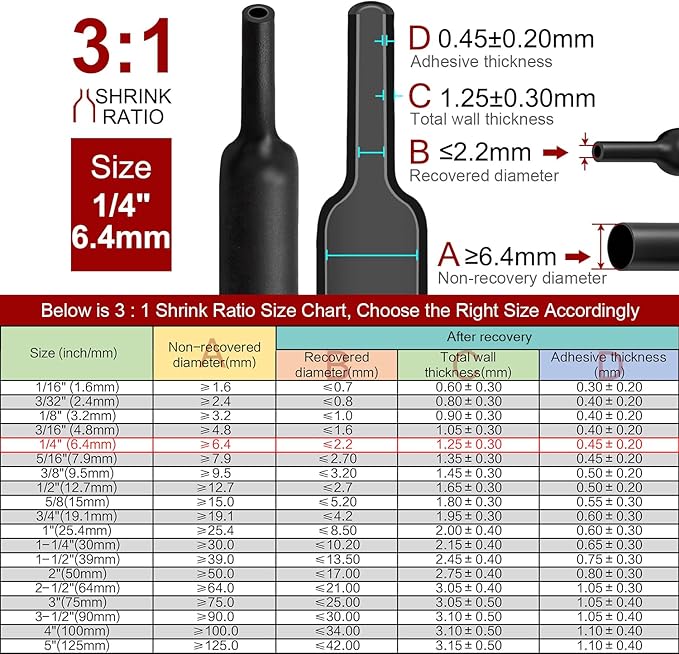 Chanzon 3:1 Ratio 1/4" (6.4mm) Heat Shrink Tubing - Marine Grade Waterproof Adhesive Lined - 8Ft Roll (2.5M Total Length) Black Polyolefin Sleeving Wrap Shrinking 3 to 1 Ratio 1pcs