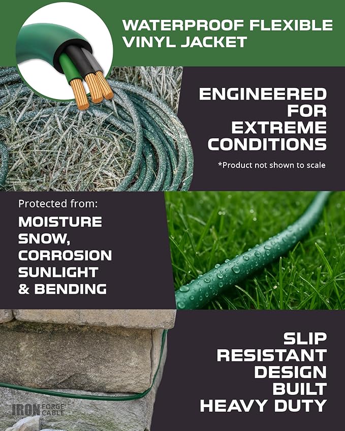 IRON FORGE CABLE 25 Foot Outdoor Extension Cord with 3 Electrical Power Outlets - 16/3 SJTW Durable Green Extension Cable with 3 Prong Grounded Plug for Safety