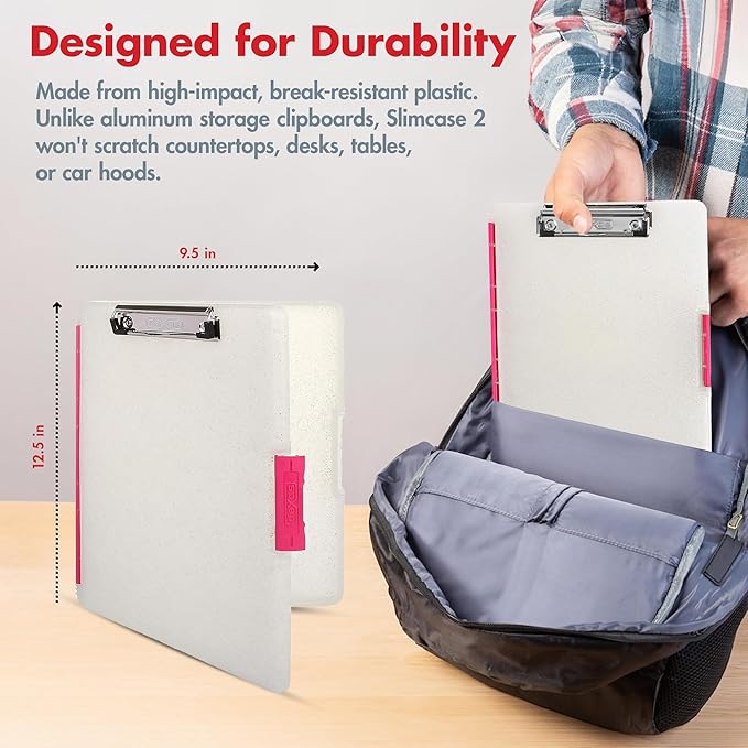 Dexas Slimcase 2 Plastic Clipboard with Storage and Side Opening, Natural Glitter Pink Binding, Office Supplies Clipboards to Organize, A4 Holder, Nursing Clipboards