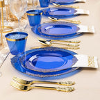 350PCS Clear Blue Plastic Plates for 50 Guests, Disposable Plates with Gold Trim include 50 Dinner and Dessert Plates, 150 Gold Silverware, 50 Cups, 50 Napkins for Party, Wedding & Graduation