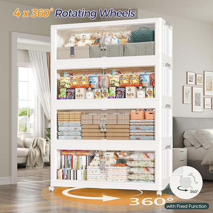 640QT Extra Large Stackable Storage Bins with Lid & Wheels & Doors, 160Gal Foldable Collapsible Closet Organizers, Plastic Cabinet Box Container Drawer for Home Kitchen Bedroom, 4Pack White