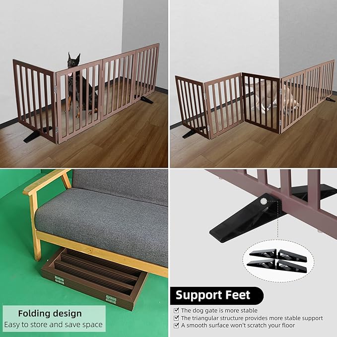 ZJSF Freestanding Indoor Dog Gate for House Foldable Wood Puppy Gate for Doorways Pet Gate for Stairs Extra Wide Pet Fence, Brown, 24" Height 2 Panels
