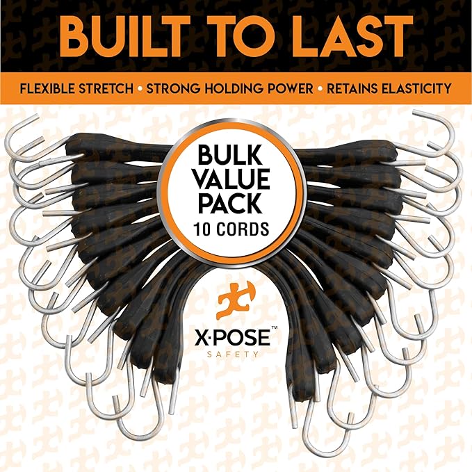 Rubber Bungee Cords with Hooks 10 Pack 21 Inch (32” Max Stretch) Heavy-Duty Black Tie Down Straps for Outdoor, Tarp Covers, Canvas Canopies, Motorcycle, and Cargo - by Xpose Safety