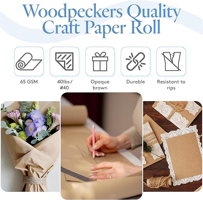 Brown Craft Paper Roll 30 inch Wide, 1800 inch Long, 1 Roll, Jumbo Roll for Eco Friendly Christmas Gift Wrapping Paper and Packing Paper, by Woodpeckers
