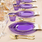 175PCS Clear Purple Plastic Plates for 25 Guests, Disposable Plates with Gold Trim include 25 Dinner Plates, 25 Dessert Plates, 75 Gold Silverware, 25 Cups, 25 Napkins for Party, Wedding