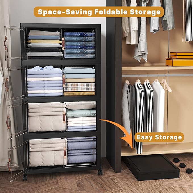480Qt Stackable Storage Bins with Lids, 4 Pack Large Collapsible Bins with Wheels, Plastic Cabinet with Doors, Foldable Closet Organizers and Storage for Home, Dorm, Office, Black