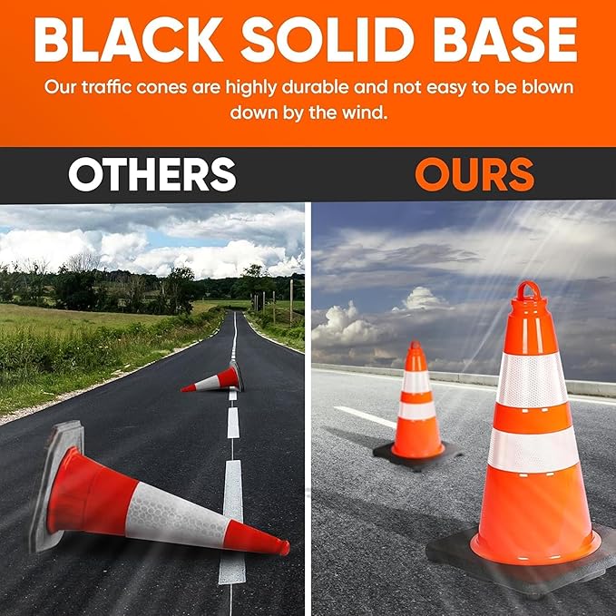 Pyle 18" PVC Traffic Cones, 8-Pack Safety Cones for Parking, Construction, Roadwork, & Sports Training, High-Visibility Orange, Durable, Stackable Design, Heavy-Duty Base for Stability in All Weather