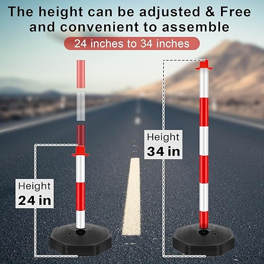 Konohan 12 Sets 34 Inch Parking Cone Delineators Post Traffic Cone Plastic Stanchion Set Stands Parking Barrier with Base 6.6 ft Chain S Hooks Reflective Collar (Red,White)