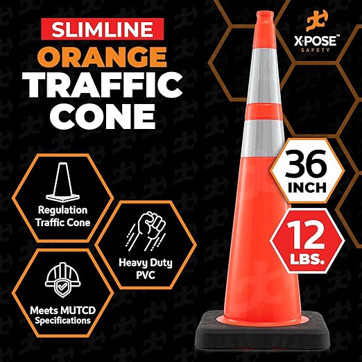 Xpose Safety 36 Inch Orange Slim Line Traffic Cones Heavy Duty 12lb with 6" & 4" Collars, 12 Pack Multipurpose PVC Plastic Safety Cone for Parking, Soccer, Caution, Kids & Construction - DOT Approved