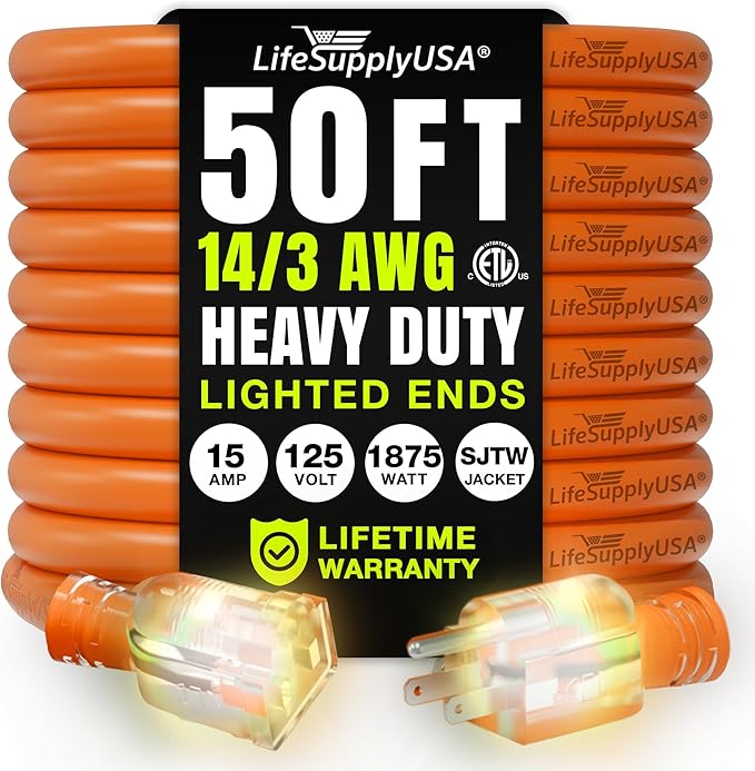 50ft Outdoor/Indoor Extension Cord 14/3 Gauge Heavy Duty 3 Prong SJTW, Waterproof, ETL Listed, Flexible Cold-Resistant Long Power Cord,15A 125V 1875W, Orange by LifeSupplyUSA