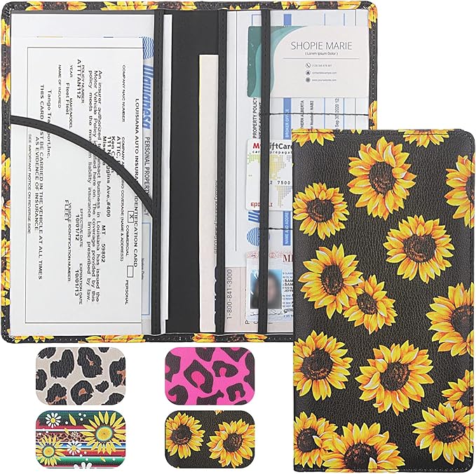 Premium Car Registration & Insurance Card Holder with Magnetic Shut, Vehicle Glove Box Car Organizer - For Documents, Cards, License (Sunflower B)
