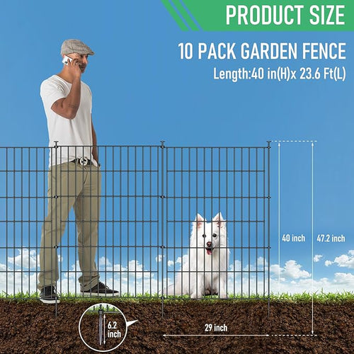 10 Panels Garden Fence Dog Fence Outdoor for Yard,40in H x 23.6ft L Rustproof Metal Fencing with Ground Stakes|No Dig Temporary Animal Proof Containment for Pets/Rabbits|Durable Patio Security Panels