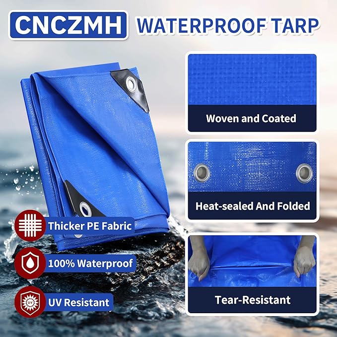 Tarp Heavy Duty Waterproof 6x8 Feet, 10 Mil Thick Blue Poly Tarps Outdoor, Metal Grommets, Reinforced Edges, Multipurpose Tarpaulin Protective Cover for Camping, Boat, Swimming Pools, Car
