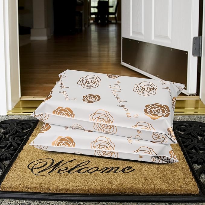 Thank You Poly Mailers 10x13 Inch 100 Pcs - Gold Rose Printed Shipping Bags for Clothing - Waterproof and Tear Resistant Mailing Envelopes - Self-Sealing Packaging Bags for Small Business