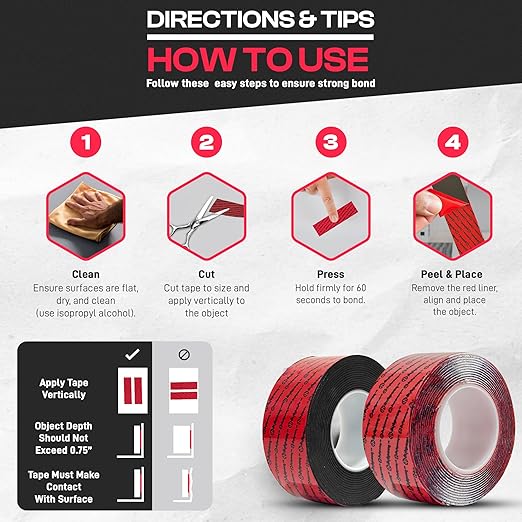 GripBond Black Super Bond Heavy Duty Double Sided Tape, 4 Rolls (18.3 Ft), 1.2” x 220” – Waterproof Adhesive Mounting Tape for Indoor/Outdoor, Walls, Automotive, Car, LED Strip Lights, Home, Office
