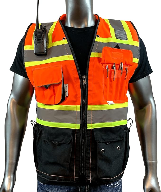 (C Vest For Mens Black Series Safety Vest With Zipper and Utility Pockets Premium Black Series Surveyors Vest (XX-Large, Orange/Black)