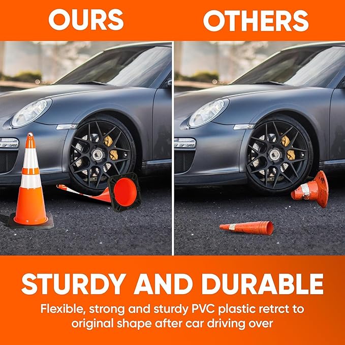 Pyle 28-Inch Safety Traffic Cones, 6-Pack Orange Parking Cones with Reflective Collars, Stackable PVC Construction for Roadwork, Sports Training & Events, Solid High-Density Base for Stability