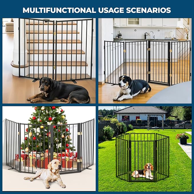 Metal Freestanding Dog Gate Outdoor-4 Panels with Door, Extra Wide Foldable Pet Fence with Pet Monitor Adapter, 32'' Height Tall Dog Gate for Doorways, Stairs, Hallways, Yard, Indoor