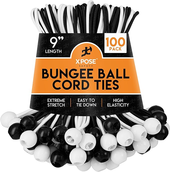 Xpose Safety Bungee Ball Cords 9" 100 Pack Heavy Duty Assorted Colors Black and White Stretch Rope with Ball Ties for Canopies, Tarps, Walls, Cable Organization
