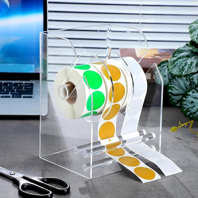 Geosar 1 Pc Adjustable Label Dispenser 3 Disks Sticker Roll Holder Sticker Dispenser Clear Label Roll Holder Acrylic Tape Organizer Stand for Office Home Desktop