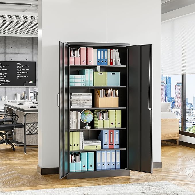 STANI Metal Garage Storage Cabinet with Lock, 71" Steel Lockable File Cabinet, Locking Steel Storage Cabinet with 5 Adjustable Shelves for Home, Office, Warehouse, Garage, School (Black)