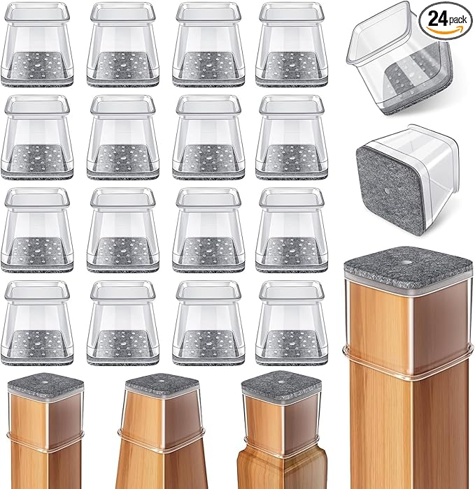 Ansible 24 Pcs Chair Leg Floor Protectors Square, Silicone Felt Furniture Leg Pads Caps Covers for Hardwood Floors (Fit:1-5/8" to 2")