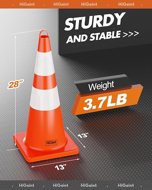 [6 Pack] HiGiant 28 inch Traffic Safety Cones with Reflective Collars, Sturdy Orange PVC Cones for Road Safety, Parking lot and Driving Training
