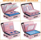 DocSafe Fireproof Document Box with Lock＆Shoulder Strap,Hard Case File Organizer with Accordion File Folder,Multi-Layer Portable Home Office Travel Safe Storage for Important Documents Laptop Pink