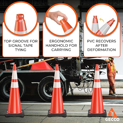 GECCO ™ (108 Cones per Pallet) 36 Inch 10 Lb Heavy Tall Orange Traffic Cones in Bulk | Large Safety Cones, Orange Cones, Parking Cones, Construction Cones | PVC Plastic & Black Base - [PRO Series]