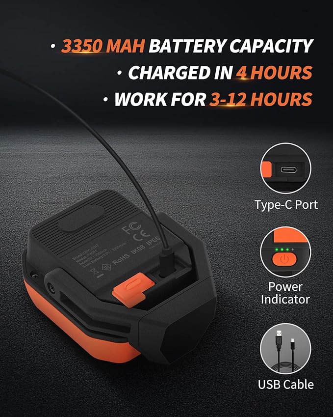 Rechargeable Work Light with 4 Modes,1200LM Magnetic Work Light with IP65 Waterproof, 3350mAh Battery Led Work Lights,150° Rotate for Car Repair, Camping, Emergency (1 Pack)