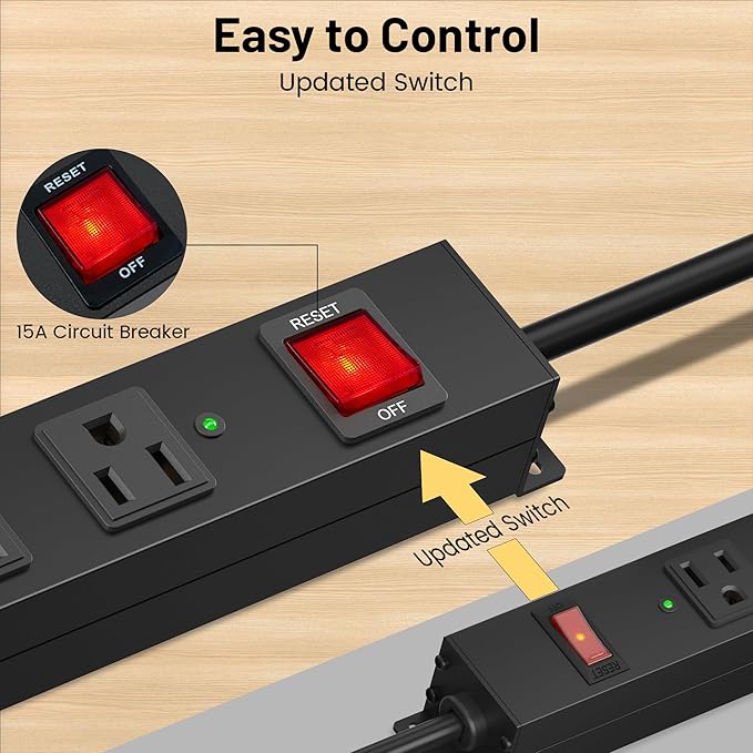 KF 8 Outlet Heavy Duty Power Strip Surge Protector, 2100J Surge Protection Metal Power Strip, 15A/1875W Mountable Power Strips with Upgraded Switch, 14AWG 6FT Extension Cord, Black