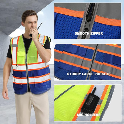 10 Pack Custom Safety Vest Customized Logo Mesh Vest Class 2 High Visibility Reflective Vest with Pockets Workwear（Yellow Blue，L ）