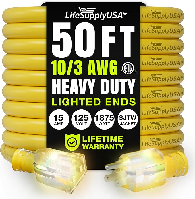 50ft Outdoor/Indoor Extension Cord 10/3 Gauge Ultra Heavy Duty 3 Prong SJTW, Waterproof, ETL Listed, Flexible Cold-Resistant Long Power Cord,15A 125V 1875W, Yellow by LifeSupplyUSA
