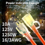 HUANCHAIN 16/3 100 ft Outdoor Extension Cord Waterproof with Lighted End, Flexible Cold-Resistant 3 Prong Electric Cord Outside, 10A 1250W 125V 16AWG SJTW, Orange, ETL Listed