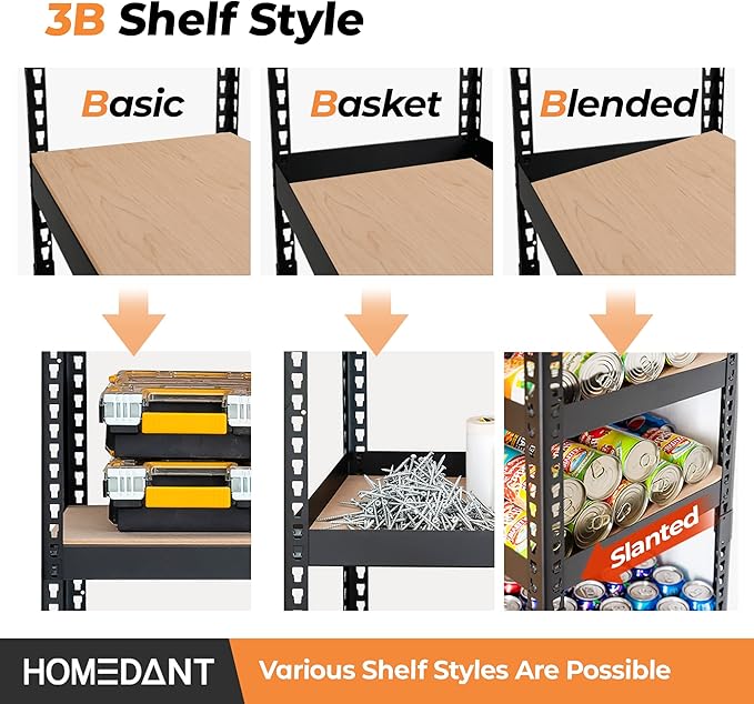 HOMEDANT 5 Tier Storage Shelves Adjustable Laminated Boltless Garage Metal Shelving Unit Heavy Duty Utility Rack Shelf Warehouse Pantry Closet Kitchen (4, (M) 35.9" W, Black)