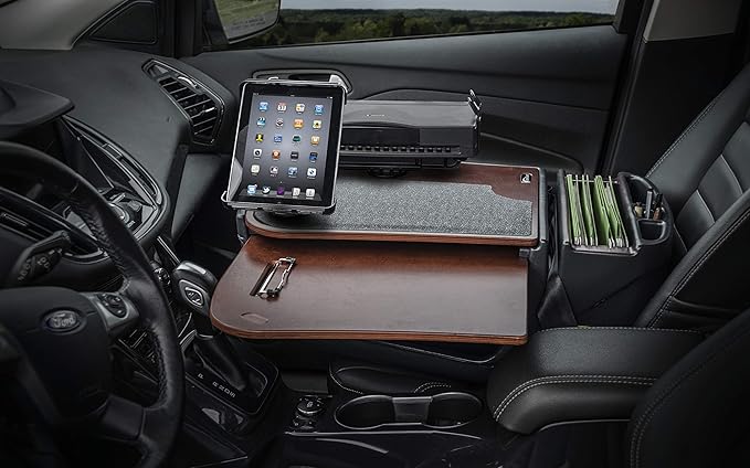AutoExec AE-GMCD-PS-TAB-21M GripMaster Car Desk for Your Vehicle Workstation and Mobile Office, Mahogany with Printer Stand and Tablet Mount