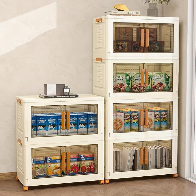 Plastic Stackable Storage Bins with Lids and Wheels, 148.8QT-37.2QT*4Tier Foldable Storage Containers and Collapsible Clear Storage Cabinet with Doors Ivory White
